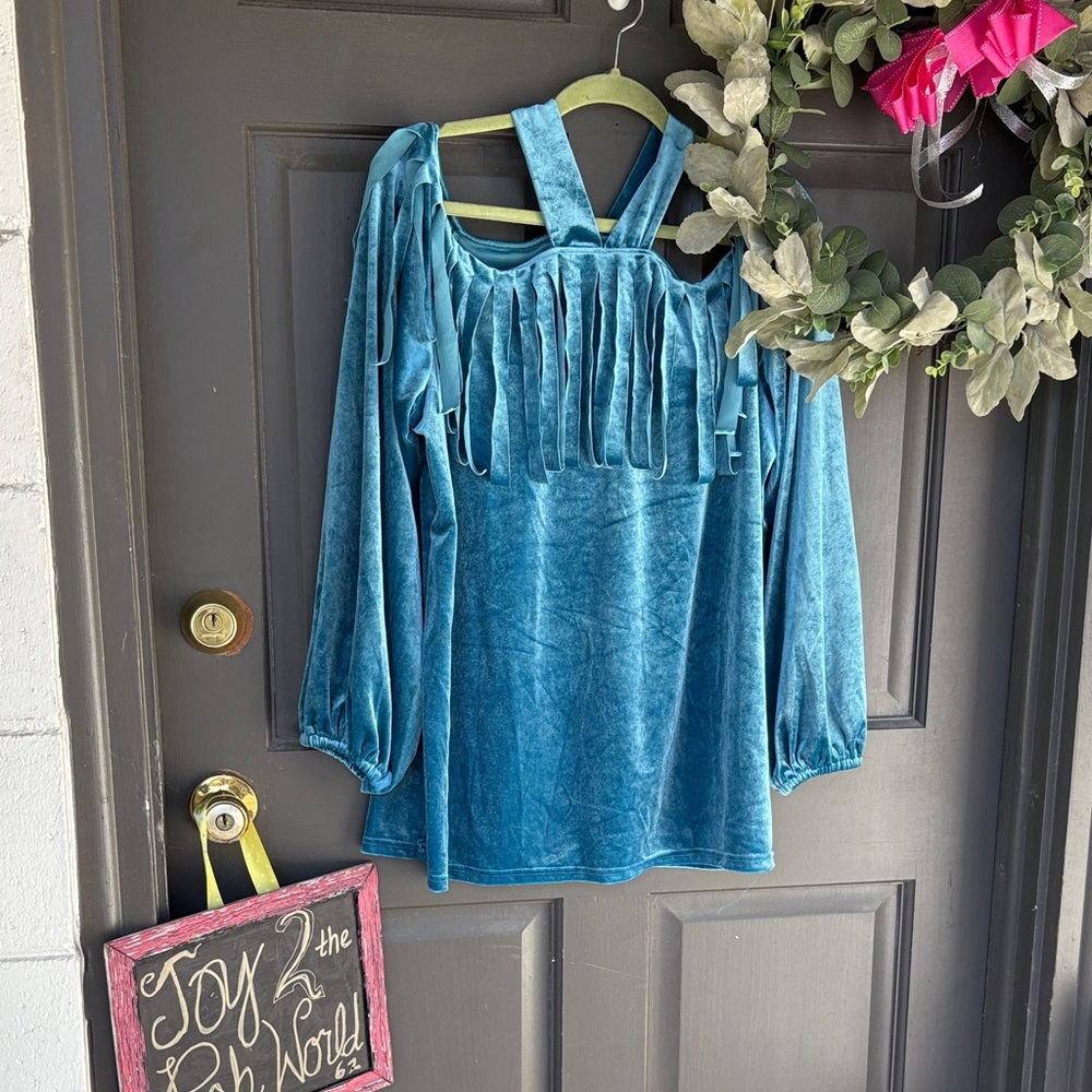 EUC turquoise blue velvet off the shoulder top with fringe